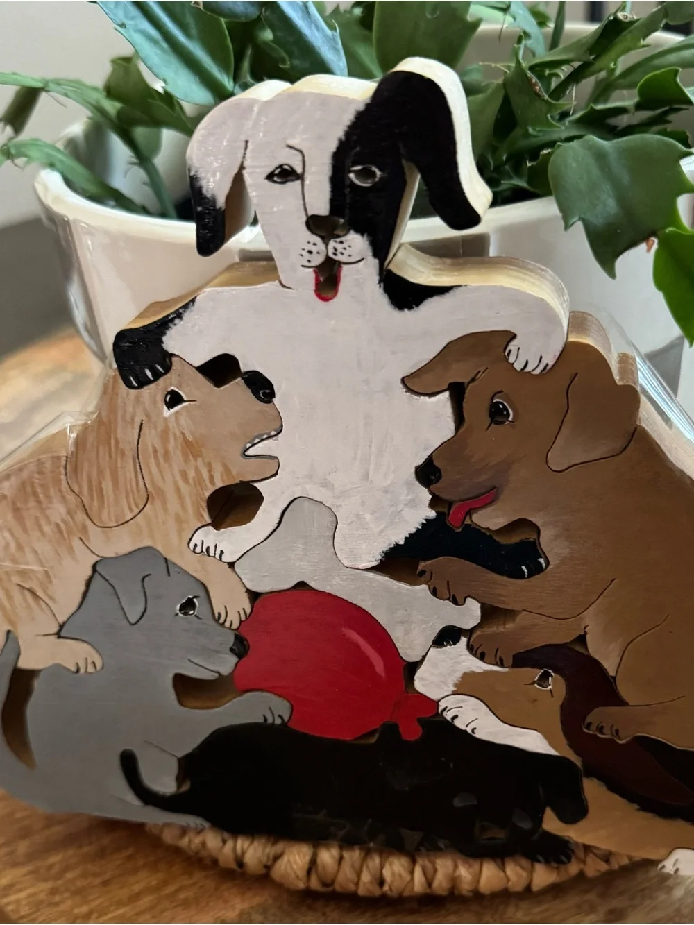 Hand-Painted Dog Family wood puzzle - White, Brown, Black